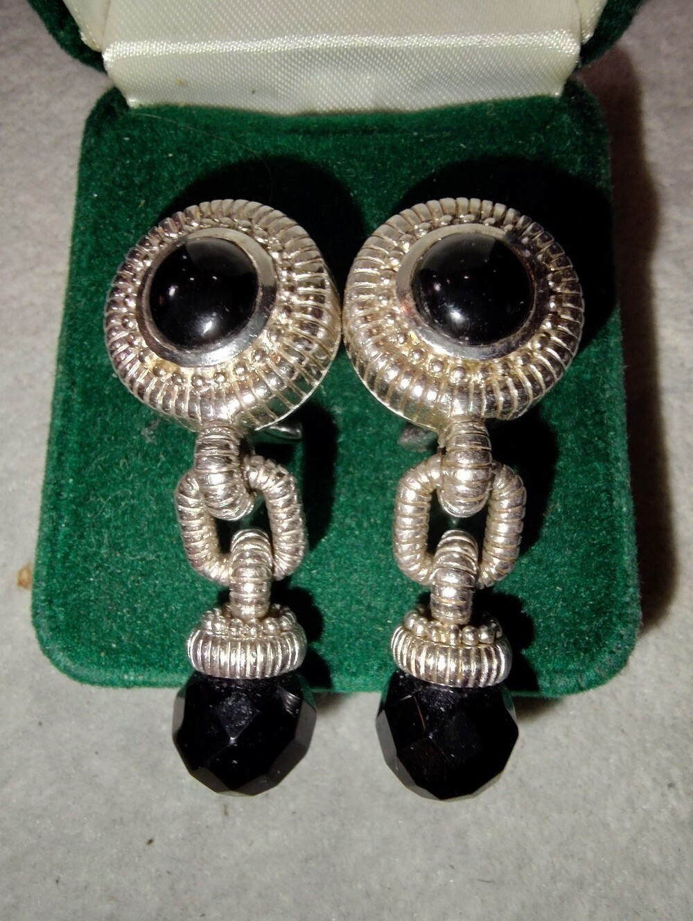 Judith Ripka Sterling Black Faceted Stone Drop Earrings 1.6" Pierced